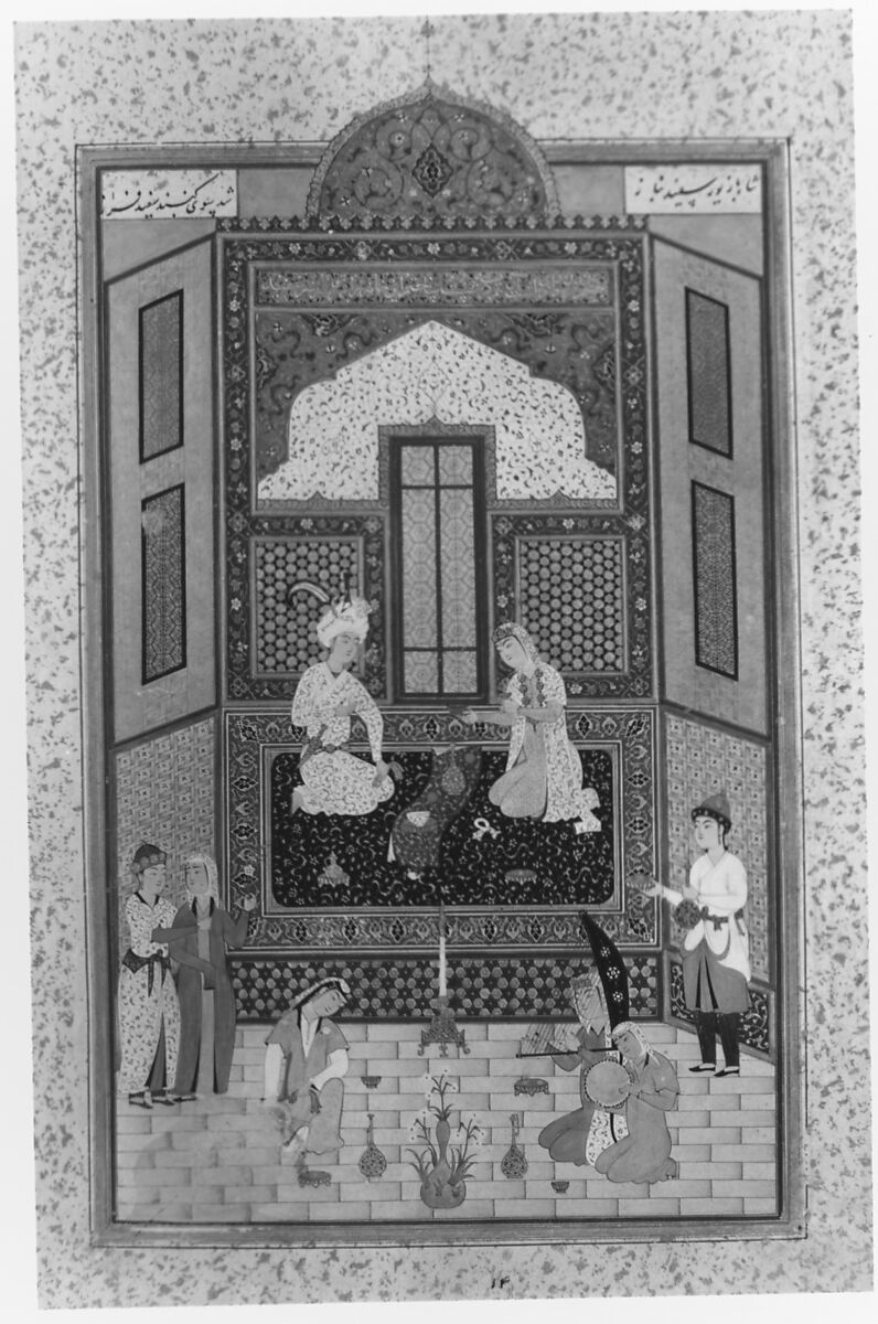 "Bahram Gur in the White Palace on Friday", Folio 235 from a Khamsa (Quintet) of Nizami of Ganja, Nizami (present-day Azerbaijan, Ganja 1141–1209 Ganja), Opaque watercolor, ink, and gold on paper