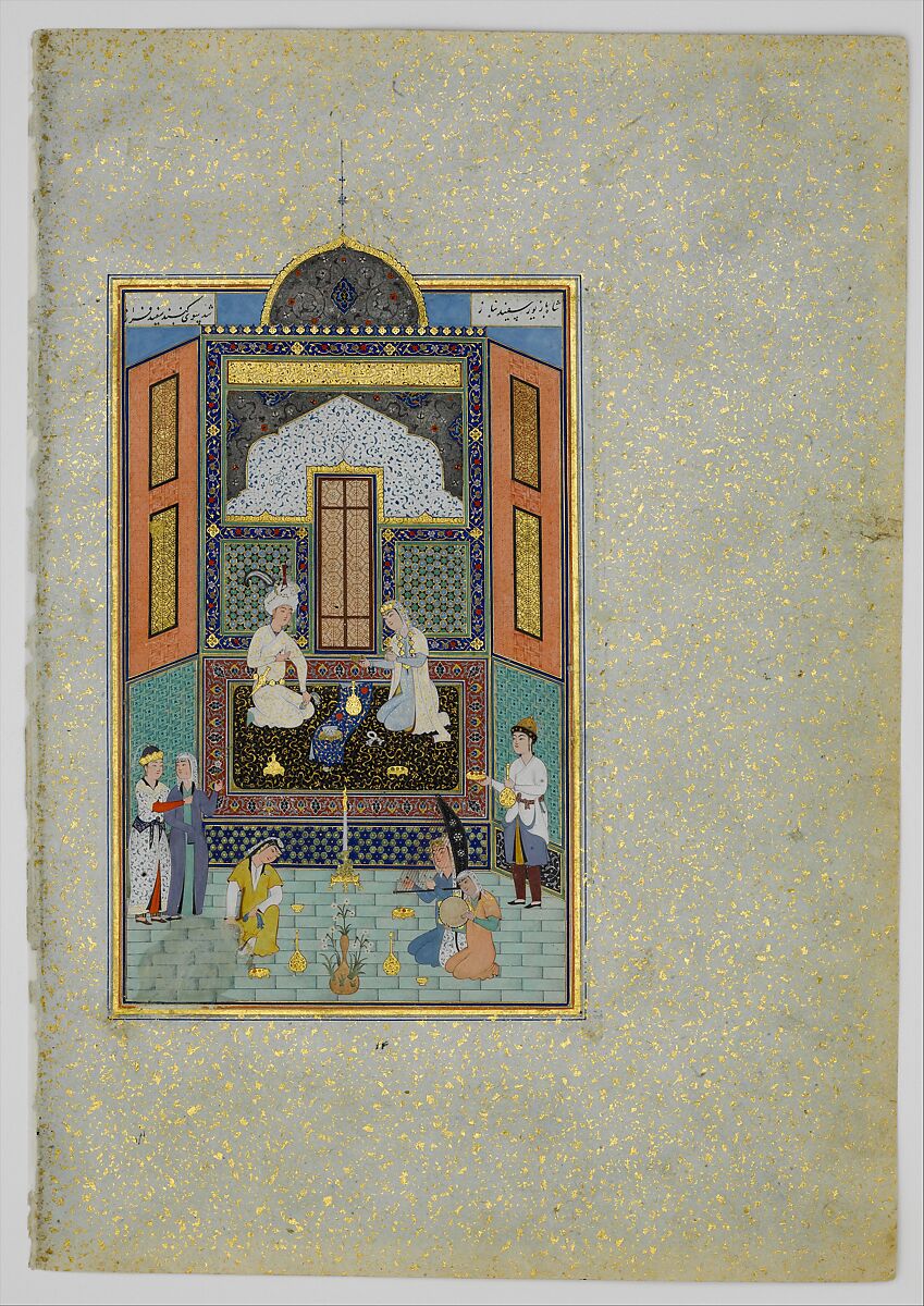 "Bahram Gur in the White Palace on Friday", Folio 235 from a Khamsa (Quintet) of Nizami of Ganja, Nizami (present-day Azerbaijan, Ganja 1141–1209 Ganja), Opaque watercolor, ink, and gold on paper 