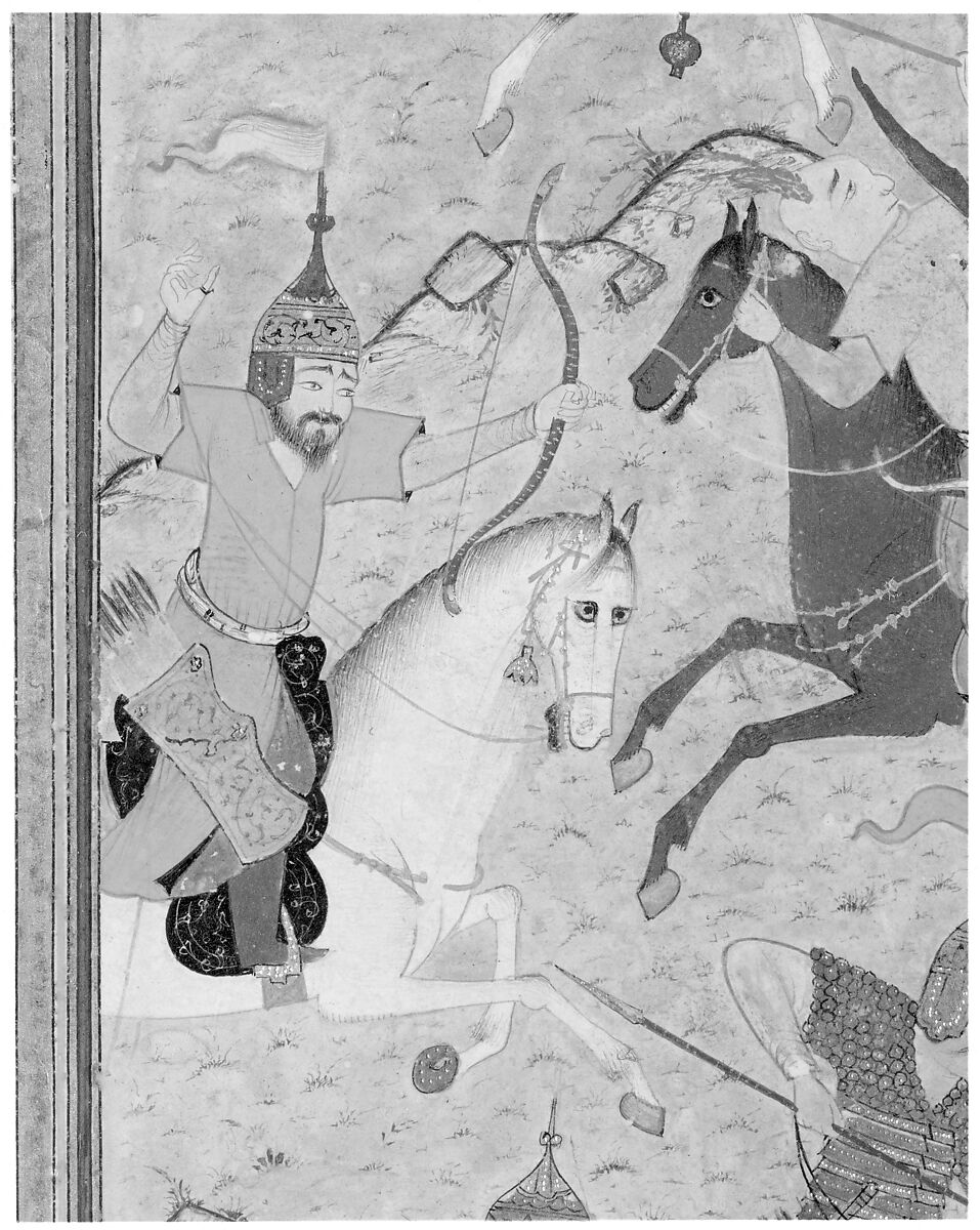 "Battle between Alexander and Darius", Folio 279 from a Khamsa (Quintet) of Nizami of Ganja, Nizami (present-day Azerbaijan, Ganja 1141–1209 Ganja), Ink, opaque watercolor, and gold on paper