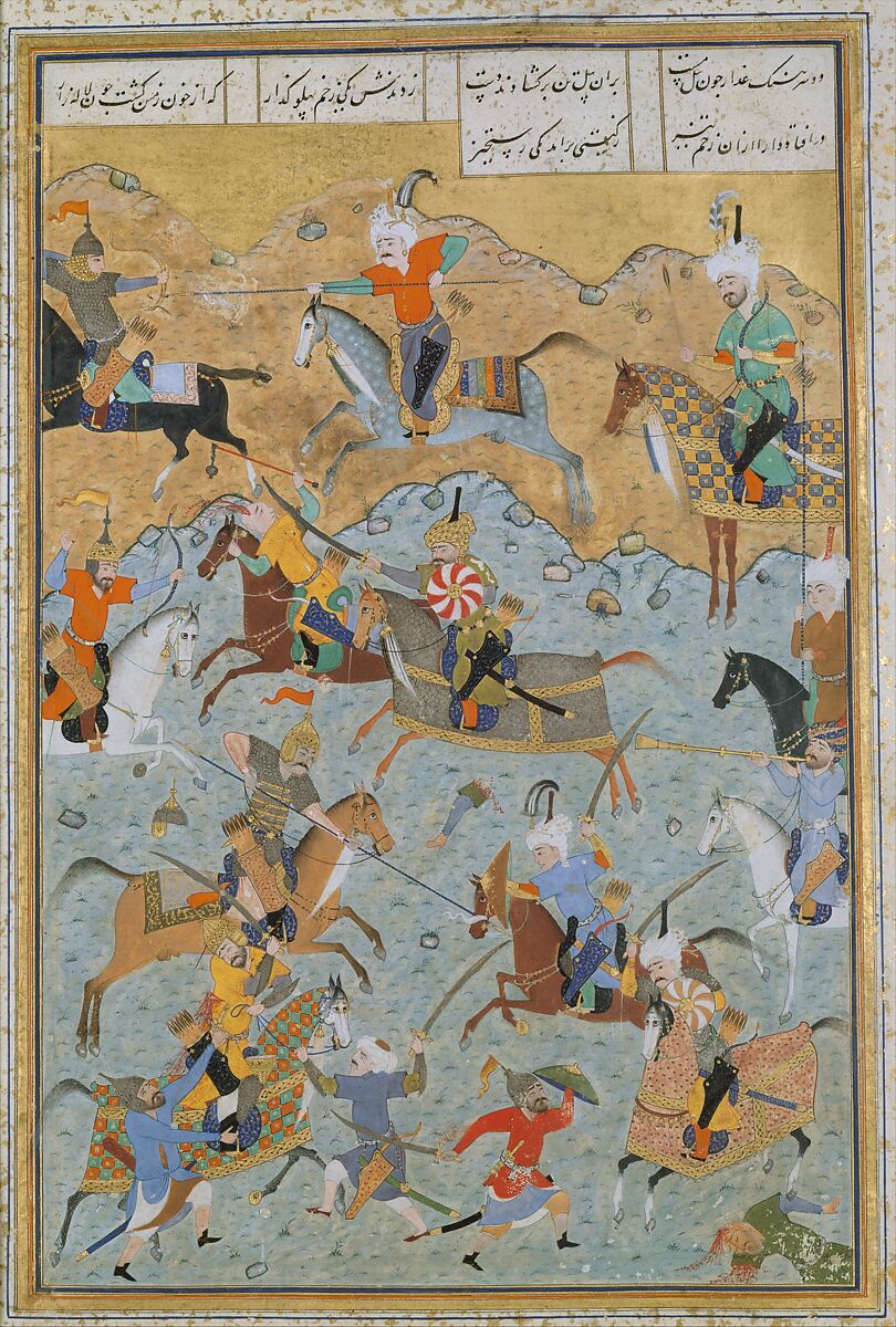 "Battle between Alexander and Darius", Folio 279 from a Khamsa (Quintet) of Nizami of Ganja, Nizami (present-day Azerbaijan, Ganja 1141–1209 Ganja), Ink, opaque watercolor, and gold on paper