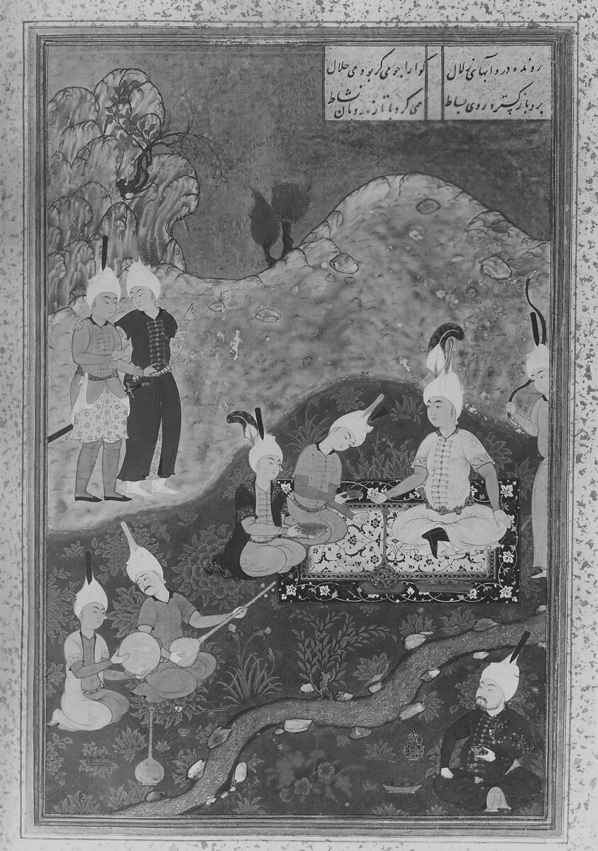 "Alexander at a Banquet", Folio 321b from a Khamsa (Quintet) of Nizami of Ganja, Nizami (present-day Azerbaijan, Ganja 1141–1209 Ganja), Ink, opaque watercolor, silver, and gold on paper