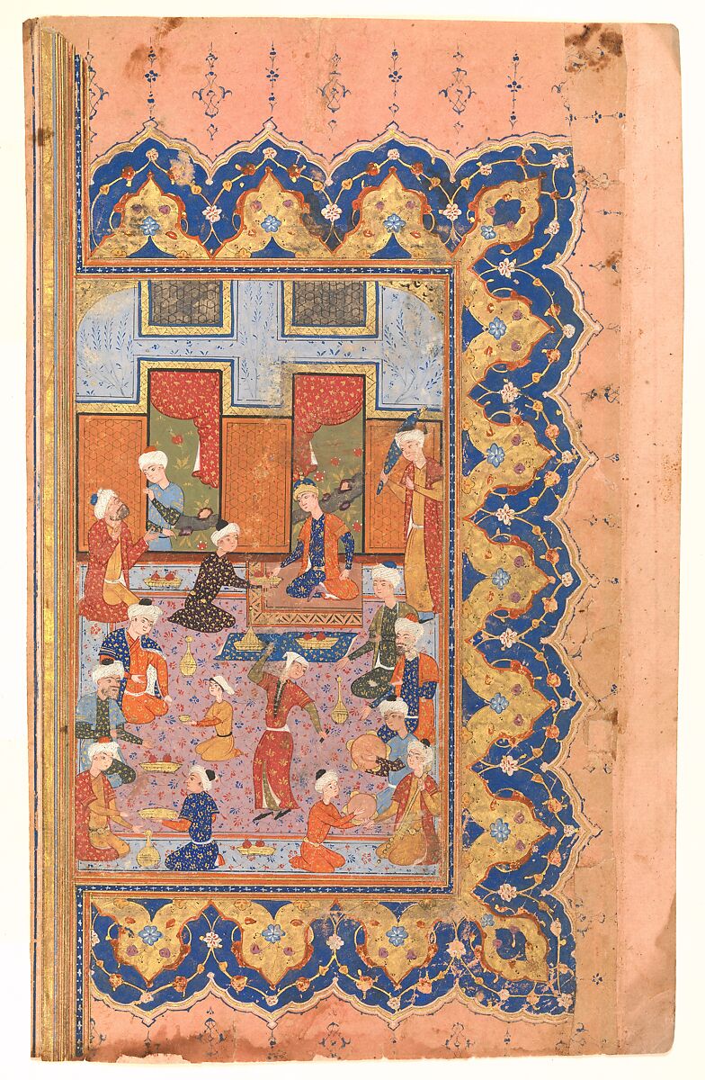 "A Scene of Conviviality at Court", Folio from a Divan (Collected Works) of Mir 'Ali Shir Nava'i, Mir &#39;Ali Shir Nava&#39;i (Herat 1441–1501 Herat), Opaque watercolor, ink, silver, and gold on paper 