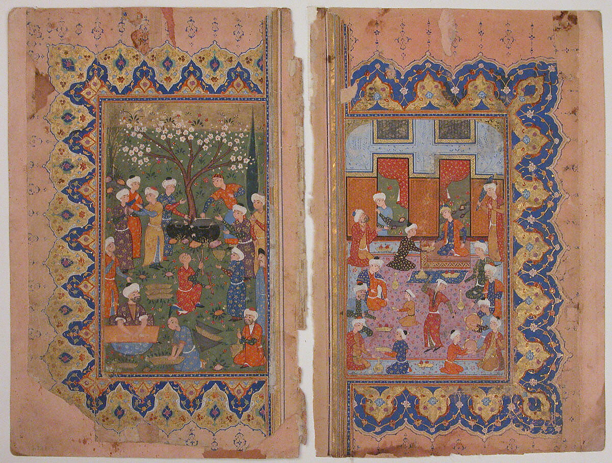 "A Scene of Conviviality at Court", Folio from a Divan (Collected Works) of Mir 'Ali Shir Nava'i, Mir 'Ali Shir Nava'i (Herat 1441–1501 Herat), Opaque watercolor, ink, silver, and gold on paper