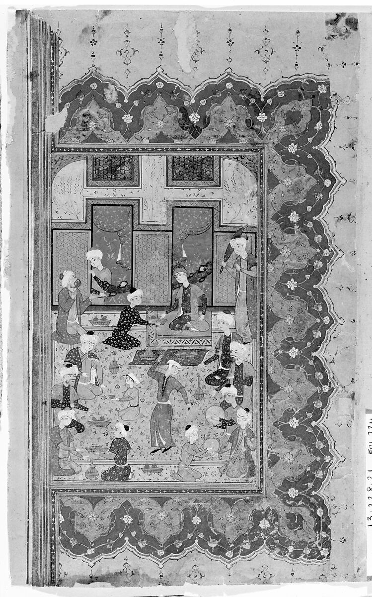 "A Scene of Conviviality at Court", Folio from a Divan (Collected Works) of Mir 'Ali Shir Nava'i, Mir 'Ali Shir Nava'i (Herat 1441–1501 Herat), Opaque watercolor, ink, silver, and gold on paper