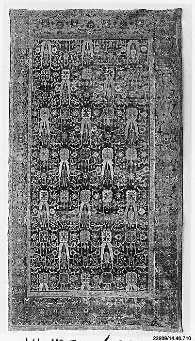 Carpet with Repeating Tree Design, Cotton (warp and weft), wool (pile); asymmetrically knotted pile