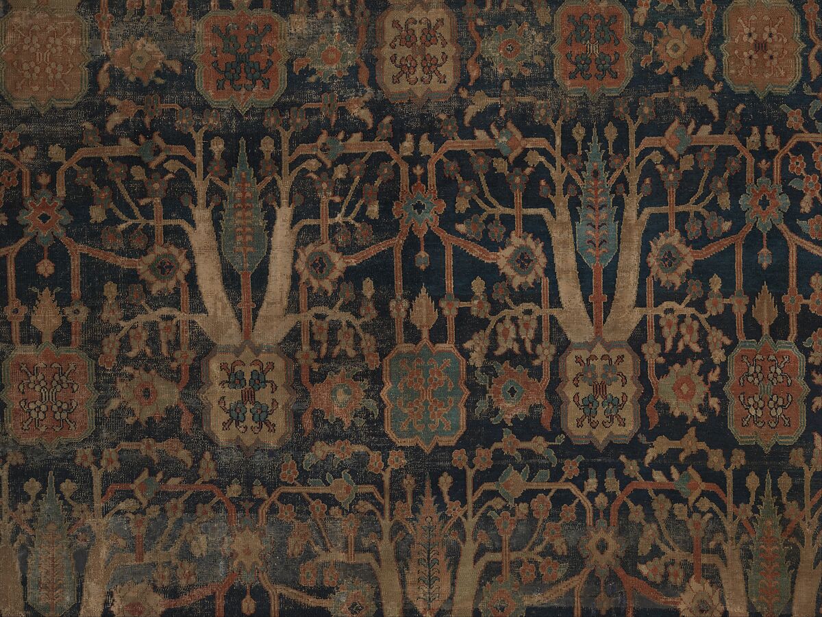 Carpet with Repeating Tree Design, Cotton (warp and weft), wool (pile); asymmetrically knotted pile
