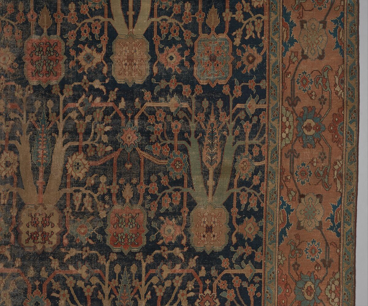 Carpet with Repeating Tree Design, Cotton (warp and weft), wool (pile); asymmetrically knotted pile