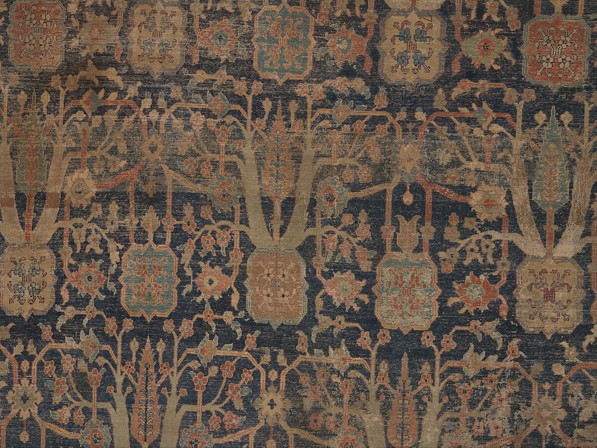 Carpet with Repeating Tree Design, Cotton (warp and weft), wool (pile); asymmetrically knotted pile