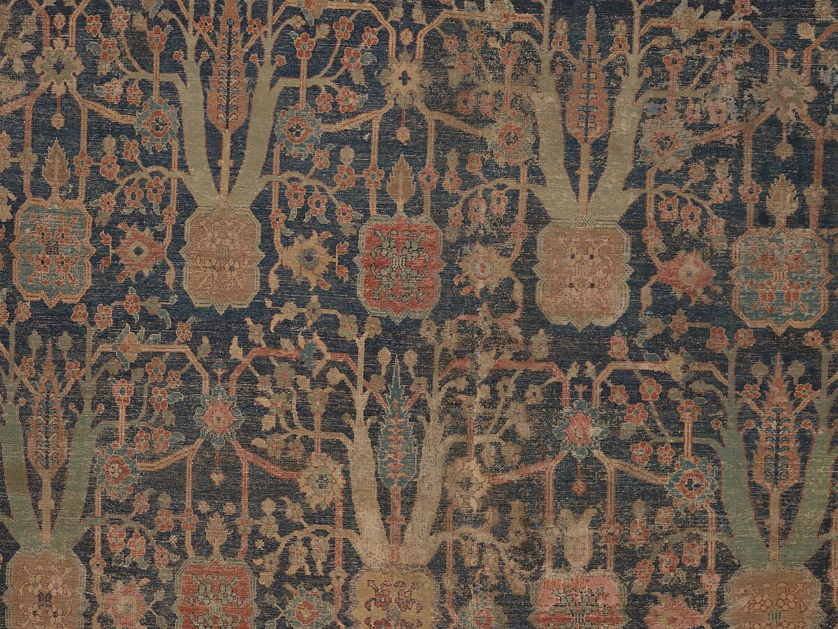 Carpet with Repeating Tree Design, Cotton (warp and weft), wool (pile); asymmetrically knotted pile