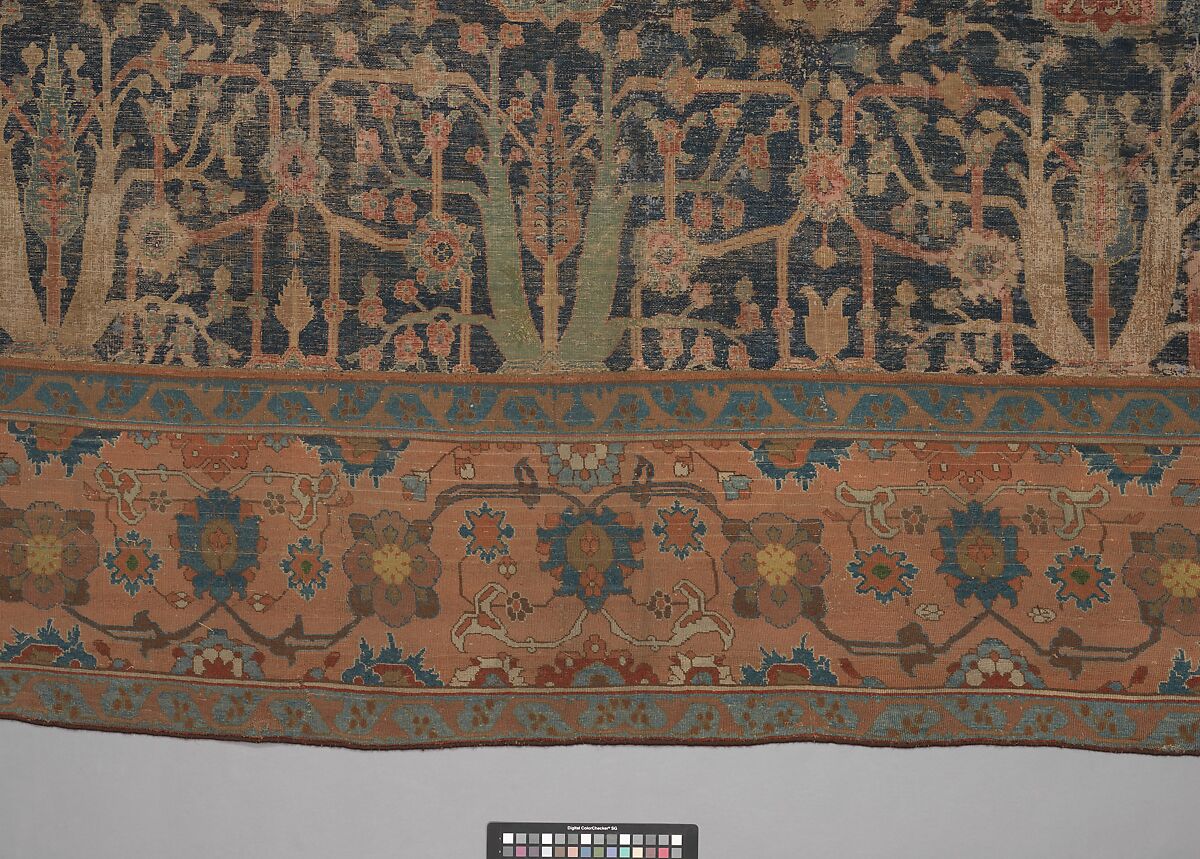 Carpet with Repeating Tree Design, Cotton (warp and weft), wool (pile); asymmetrically knotted pile
