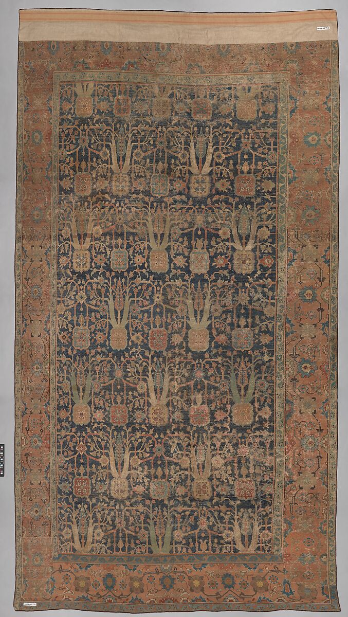 Carpet with Repeating Tree Design, Cotton (warp and weft), wool (pile); asymmetrically knotted pile