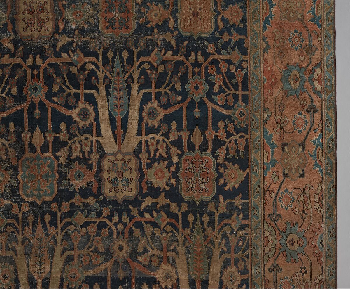 Carpet with Repeating Tree Design, Cotton (warp and weft), wool (pile); asymmetrically knotted pile