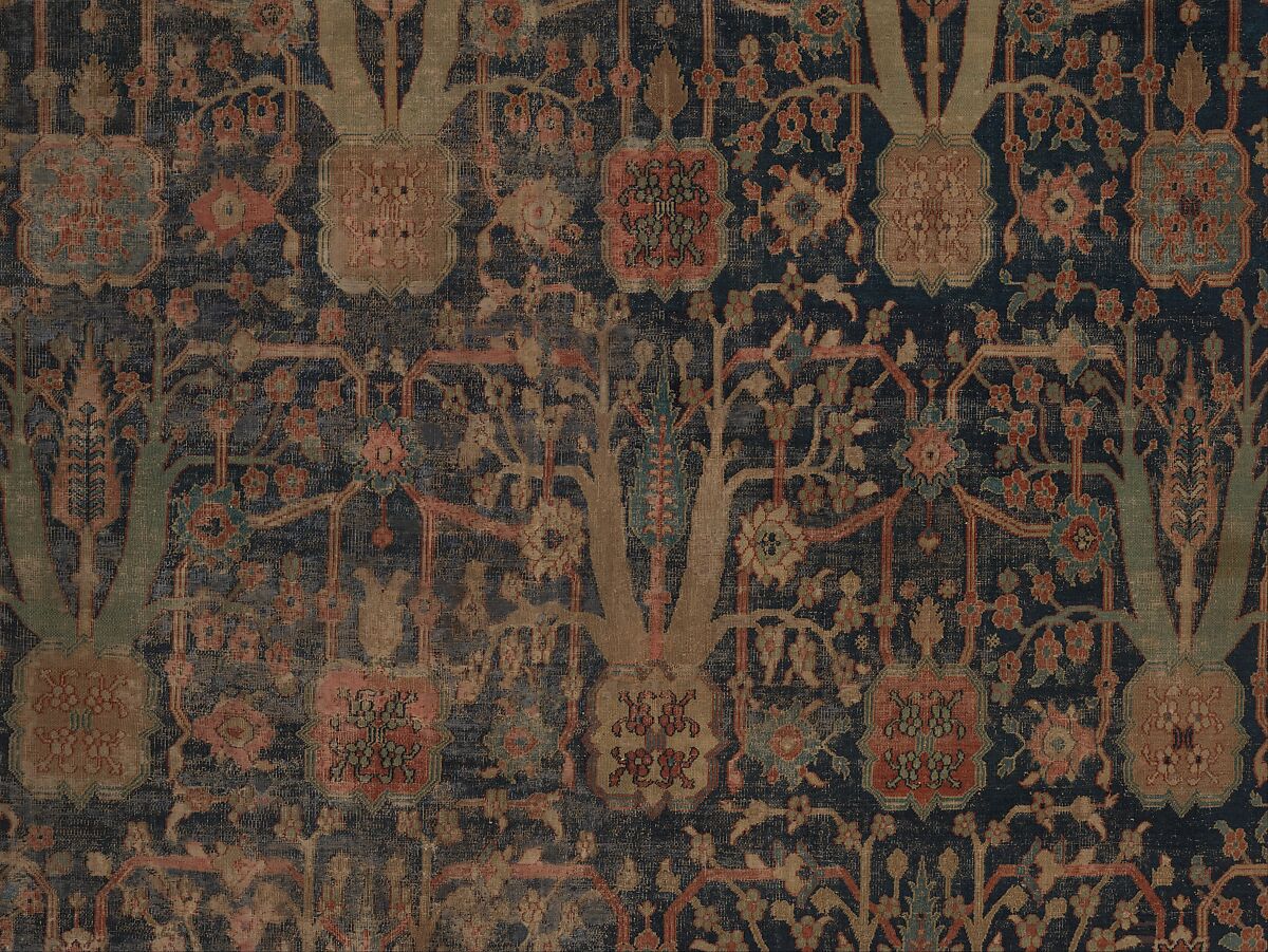 Carpet with Repeating Tree Design, Cotton (warp and weft), wool (pile); asymmetrically knotted pile