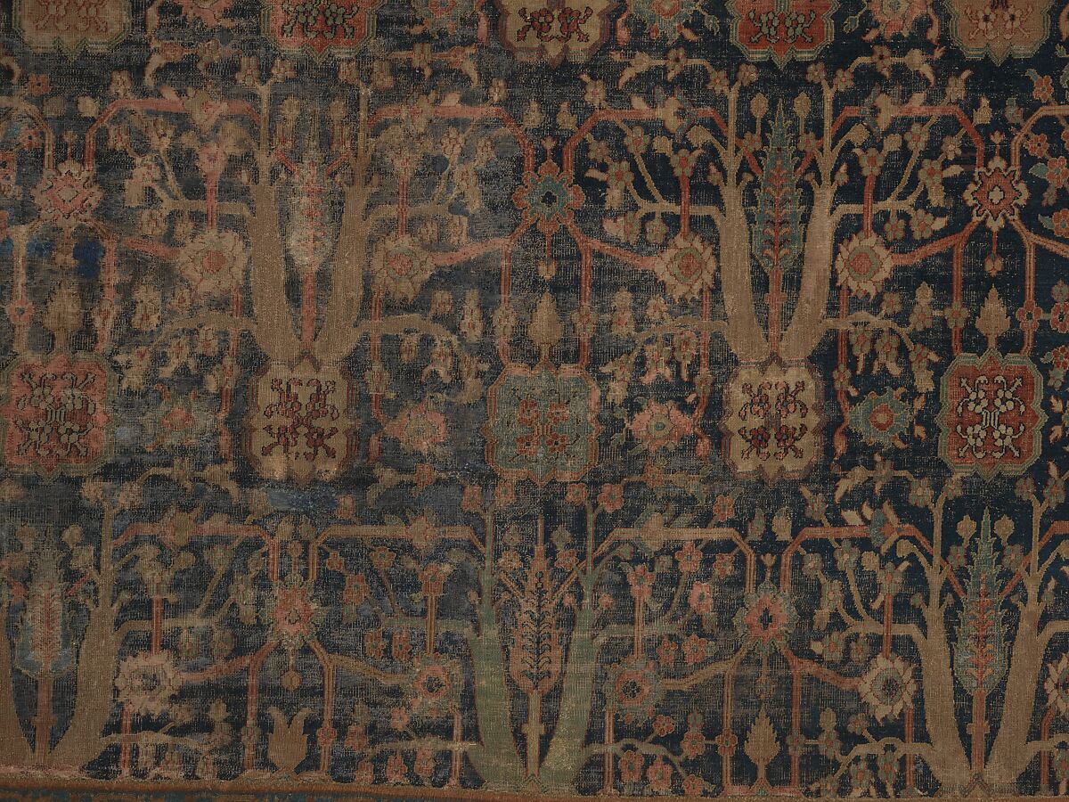 Carpet with Repeating Tree Design, Cotton (warp and weft), wool (pile); asymmetrically knotted pile