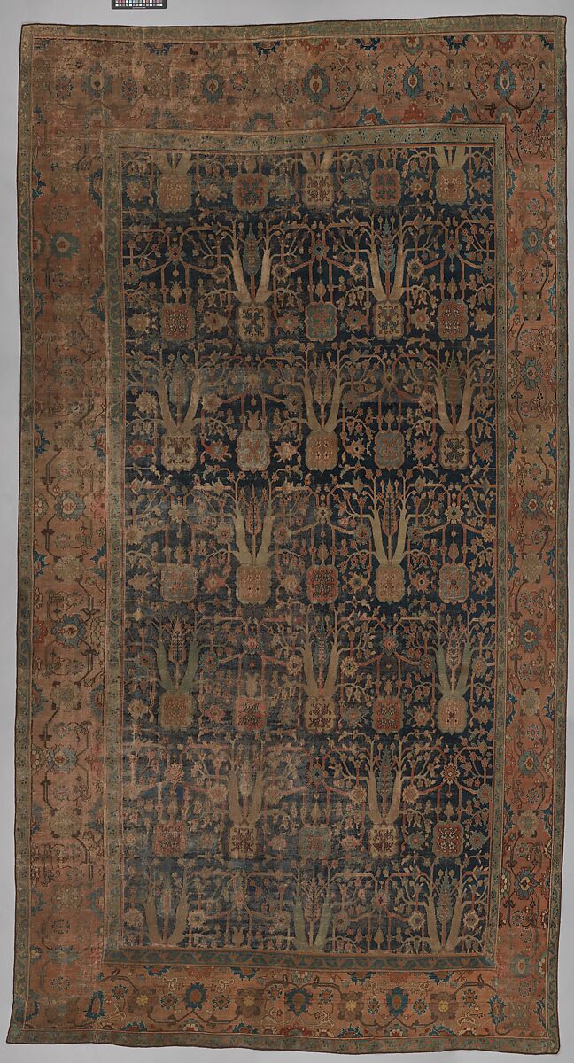 Carpet with Repeating Tree Design, Cotton (warp and weft), wool (pile); asymmetrically knotted pile 