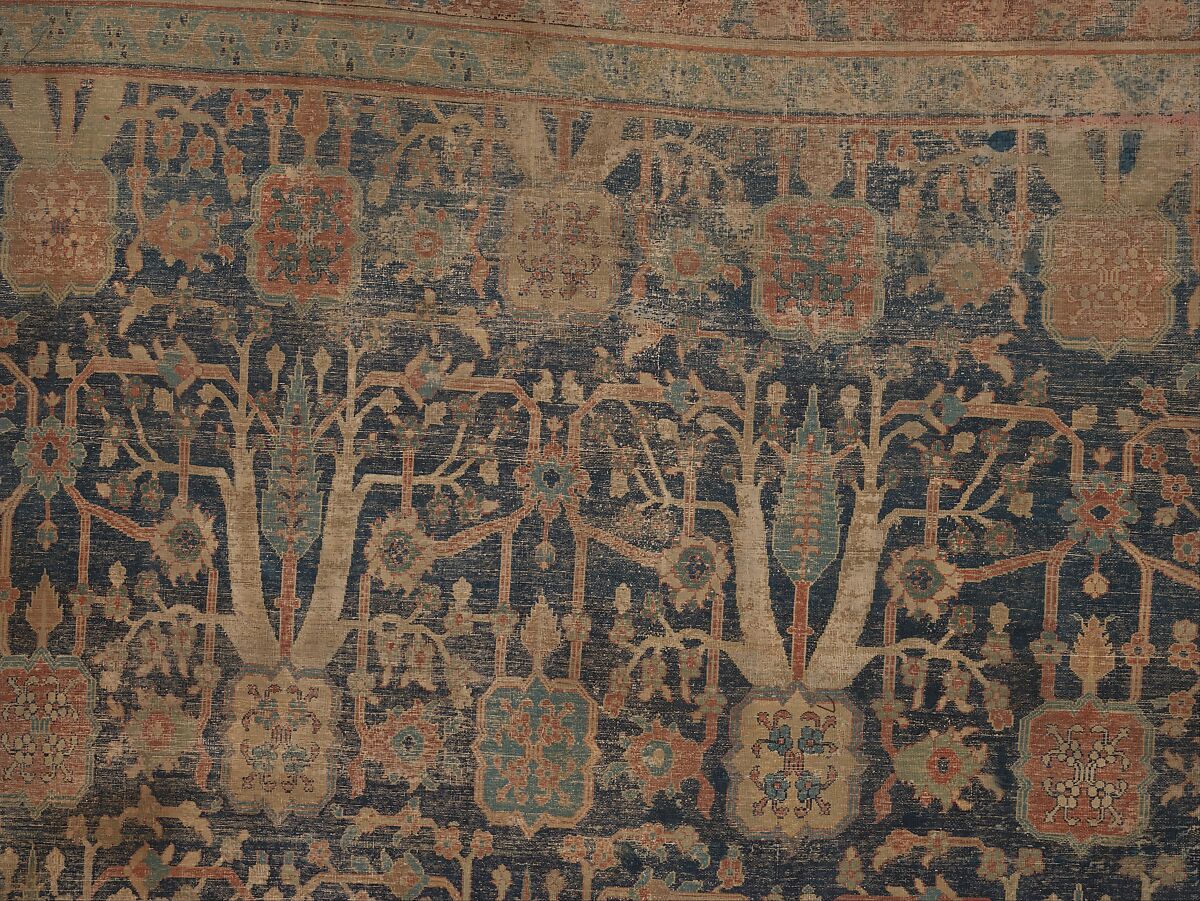 Carpet with Repeating Tree Design, Cotton (warp and weft), wool (pile); asymmetrically knotted pile