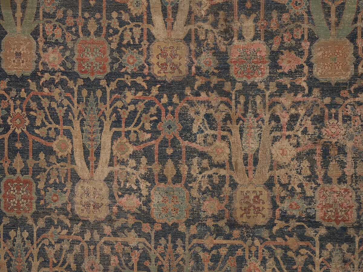 Carpet with Repeating Tree Design, Cotton (warp and weft), wool (pile); asymmetrically knotted pile