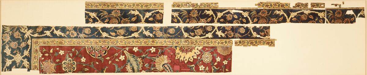 Fragments of a Carpet, Silk (warp and weft), wool (pile); asymmetrically knotted pile