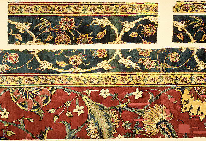 Fragments of a Carpet, Silk (warp and weft), wool (pile); asymmetrically knotted pile