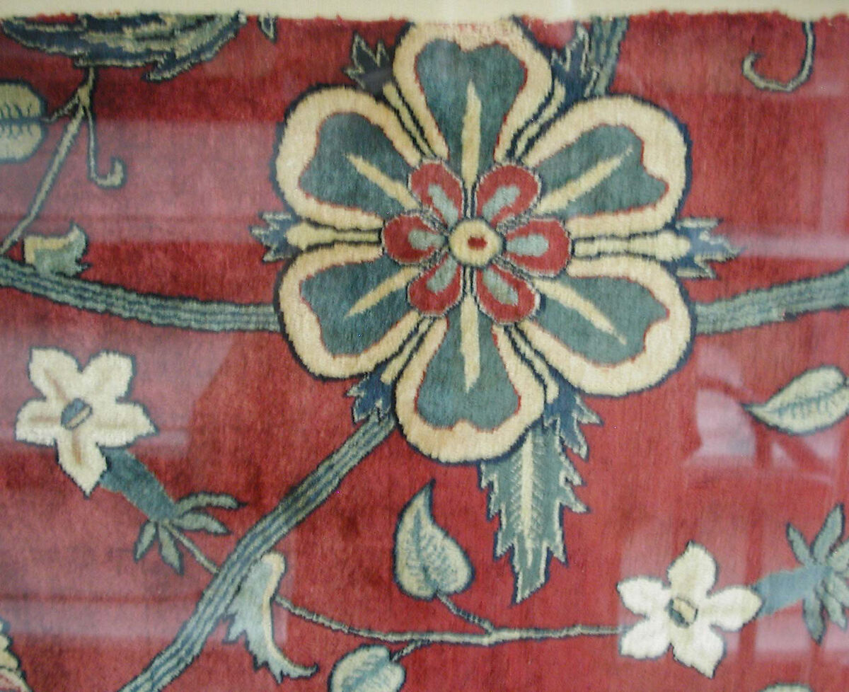 Fragments of a Carpet, Silk (warp and weft), wool (pile); asymmetrically knotted pile