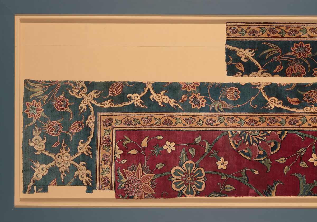 Fragments of a Carpet, Silk (warp and weft), wool (pile); asymmetrically knotted pile