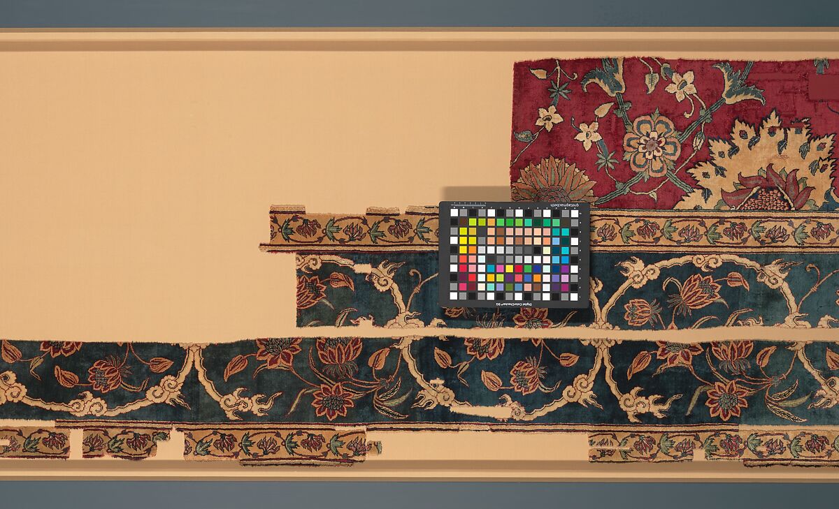 Fragments of a Carpet, Silk (warp and weft), wool (pile); asymmetrically knotted pile