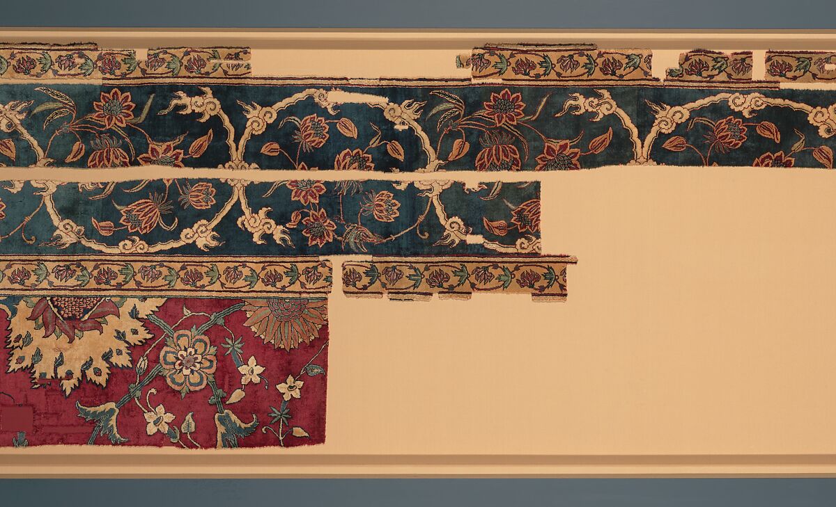 Fragments of a Carpet, Silk (warp and weft), wool (pile); asymmetrically knotted pile