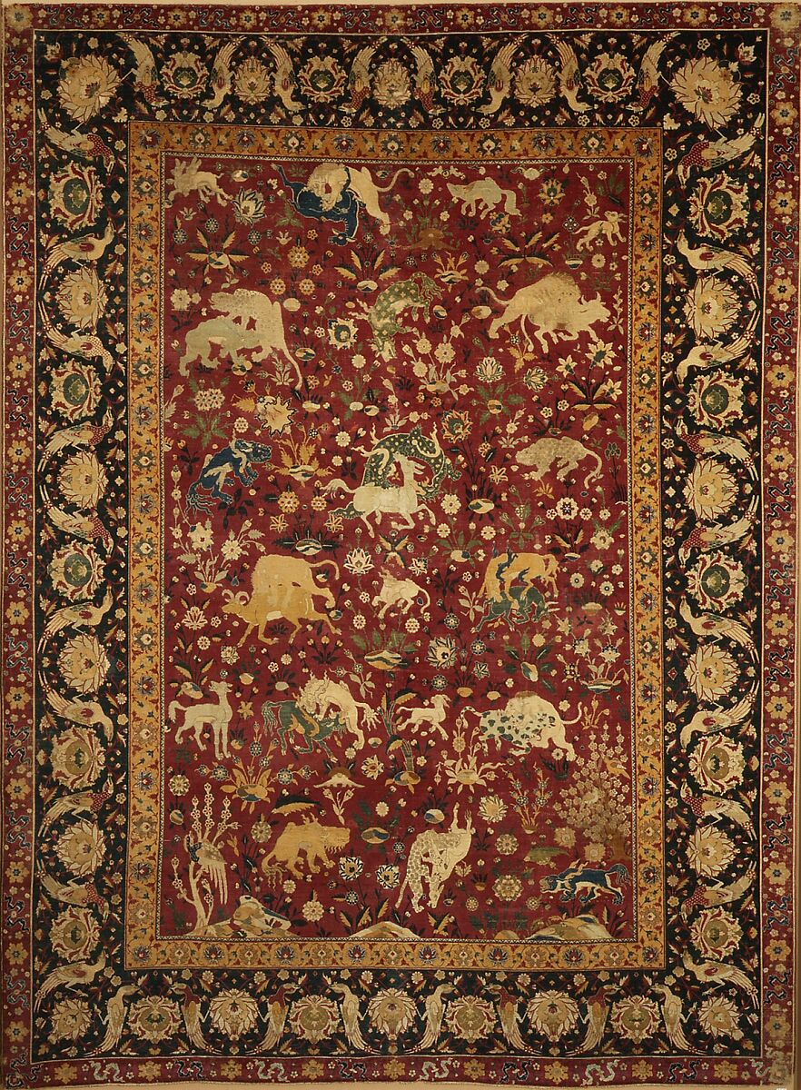 Silk Animal Carpet, Silk (warp, weft, and pile); asymmetrically knotted pile
