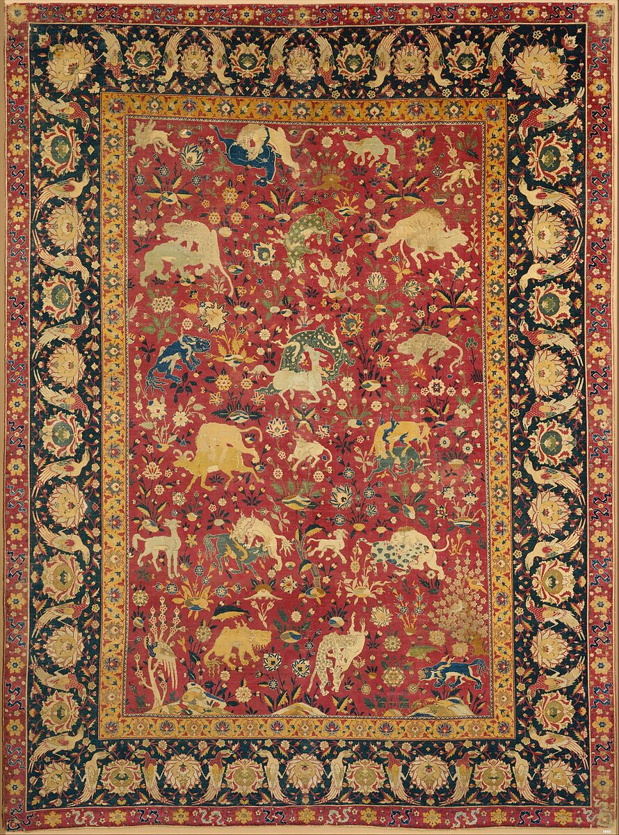Silk Animal Carpet, Silk (warp, weft, and pile); asymmetrically knotted pile