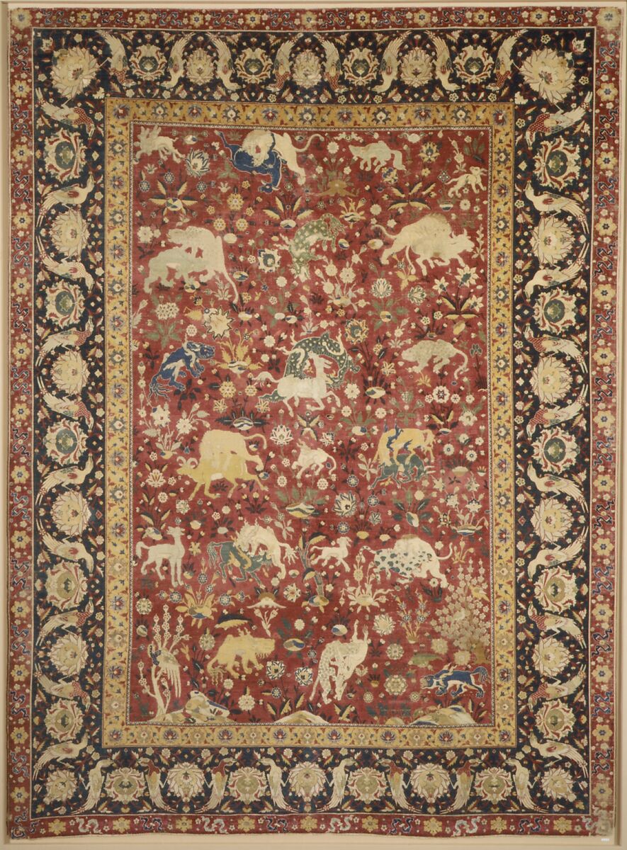 Silk Animal Carpet, Silk (warp, weft, and pile); asymmetrically knotted pile