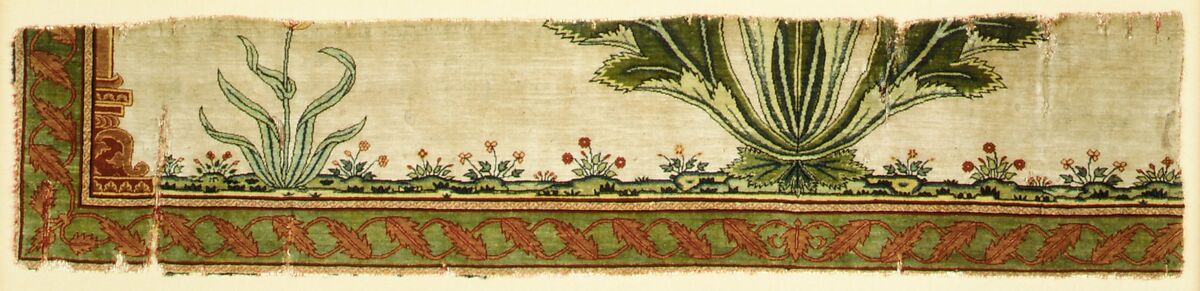 Fragment of a Carpet with Niche and Flower Design, Silk (warp and weft), pashmina wool (pile); asymmetrically knotted pile