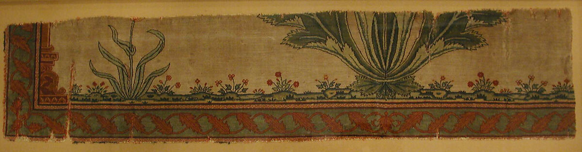 Fragment of a Carpet with Niche and Flower Design, Silk (warp and weft), pashmina wool (pile); asymmetrically knotted pile