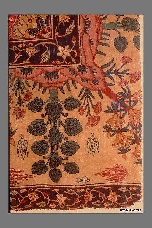 Fragments of a Carpet with Lattice and Blossom Pattern, Silk (warp and weft), pashmina wool (pile); asymmetrically knotted pile