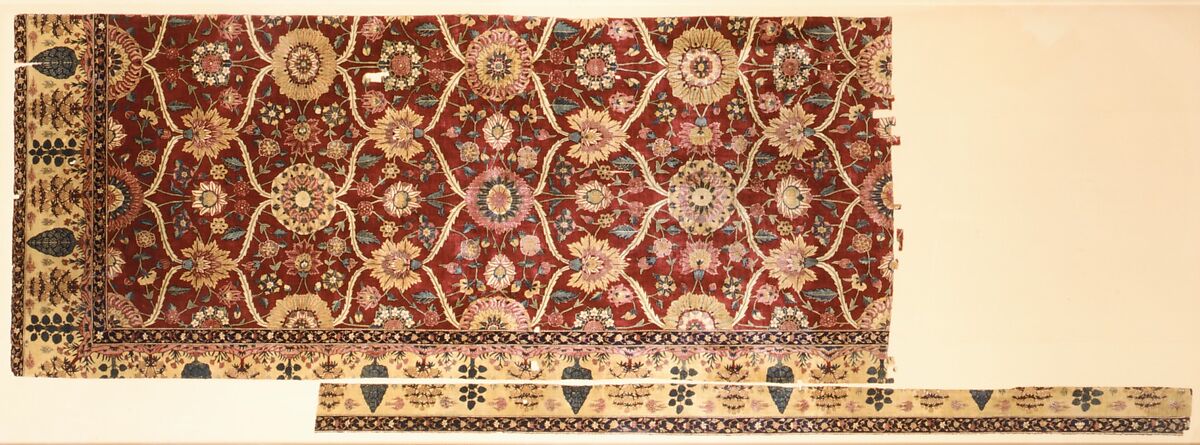 Fragments of a Carpet with Lattice and Blossom Pattern, Silk (warp and weft), pashmina wool (pile); asymmetrically knotted pile