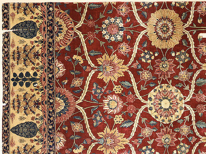 Fragments of a Carpet with Lattice and Blossom Pattern, Silk (warp and weft), pashmina wool (pile); asymmetrically knotted pile