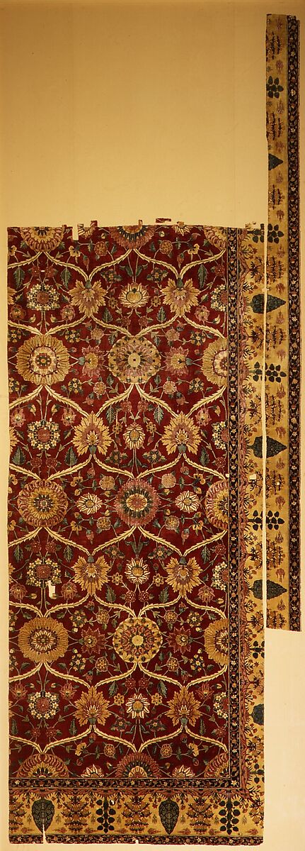 Fragments of a Carpet with Lattice and Blossom Pattern, Silk (warp and weft), pashmina wool (pile); asymmetrically knotted pile