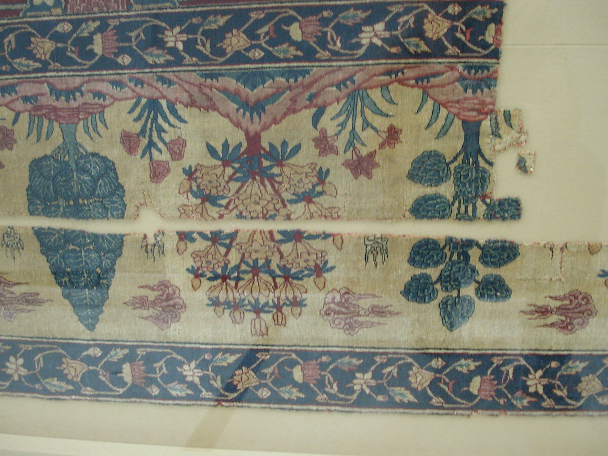 Fragments of a Carpet with Lattice and Blossom Pattern, Silk (warp and weft), pashmina wool (pile); asymmetrically knotted pile