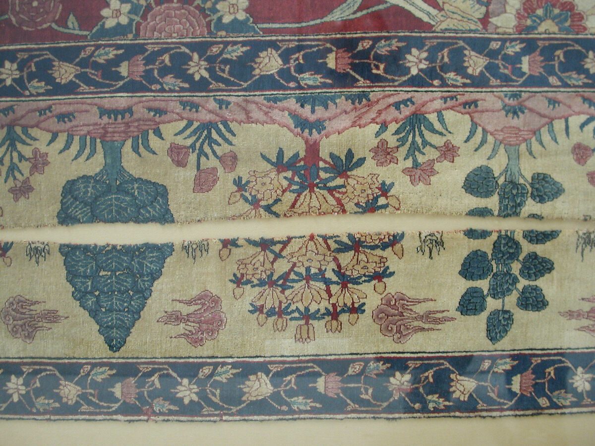 Fragments of a Carpet with Lattice and Blossom Pattern, Silk (warp and weft), pashmina wool (pile); asymmetrically knotted pile