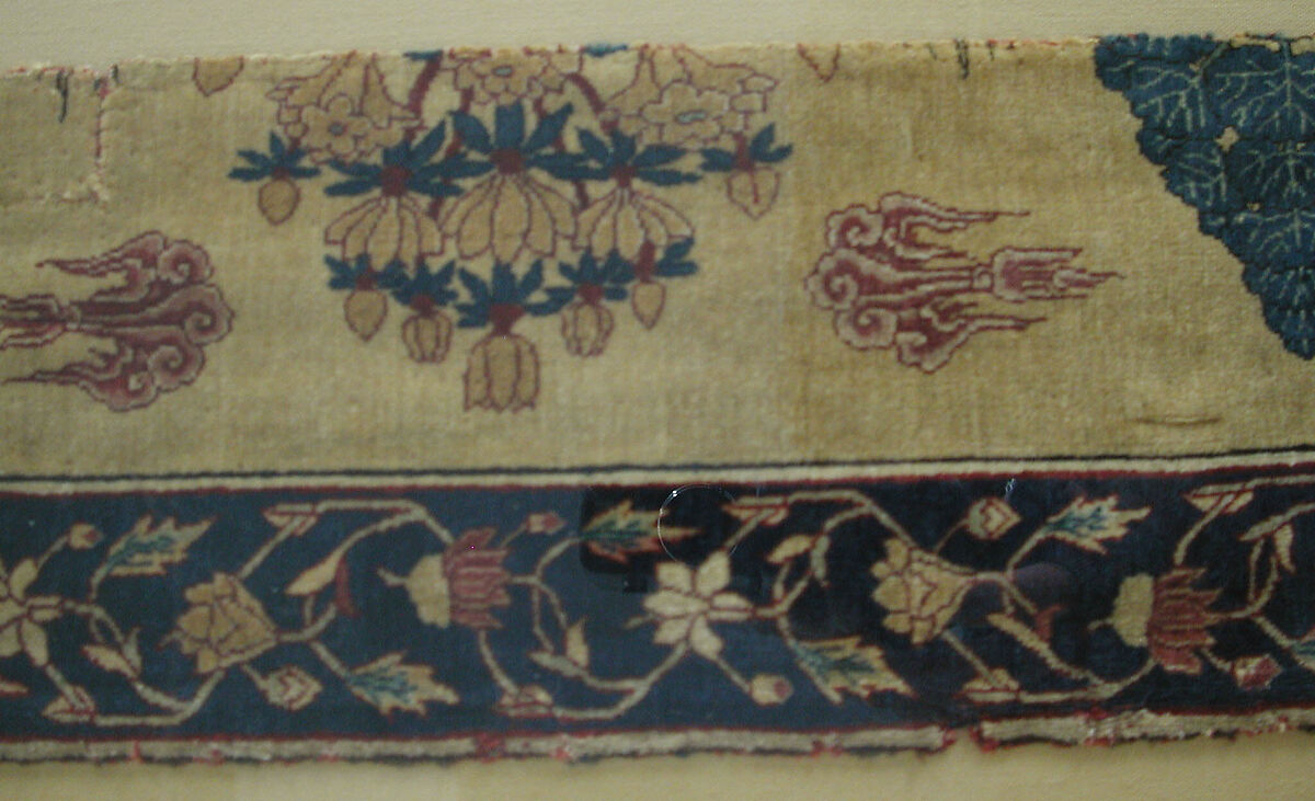 Fragments of a Carpet with Lattice and Blossom Pattern, Silk (warp and weft), pashmina wool (pile); asymmetrically knotted pile