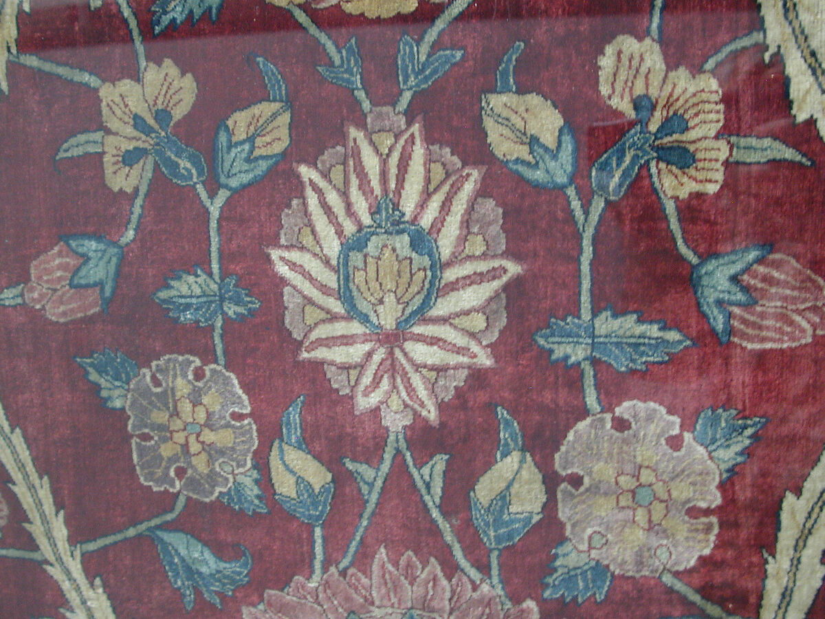 Fragments of a Carpet with Lattice and Blossom Pattern, Silk (warp and weft), pashmina wool (pile); asymmetrically knotted pile