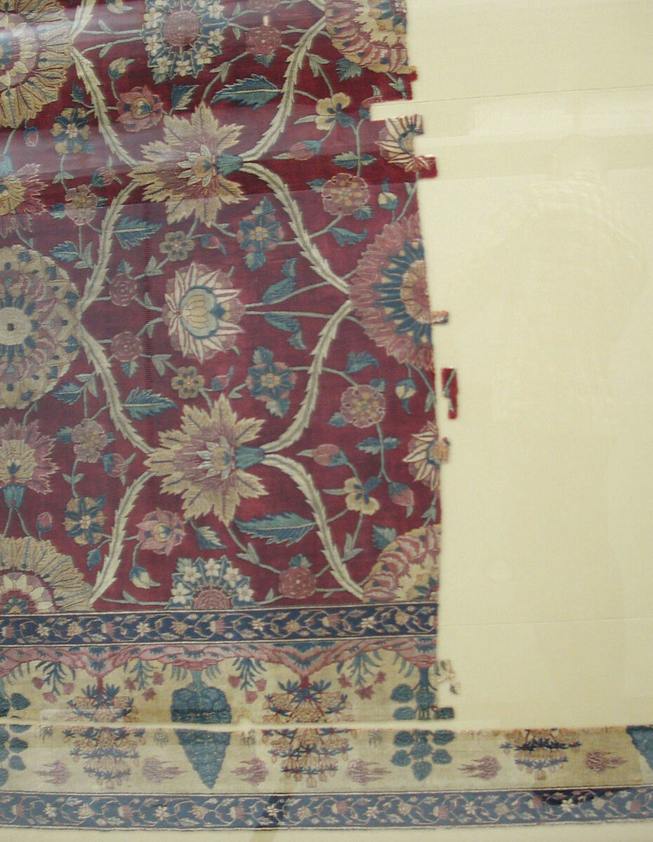 Fragments of a Carpet with Lattice and Blossom Pattern, Silk (warp and weft), pashmina wool (pile); asymmetrically knotted pile