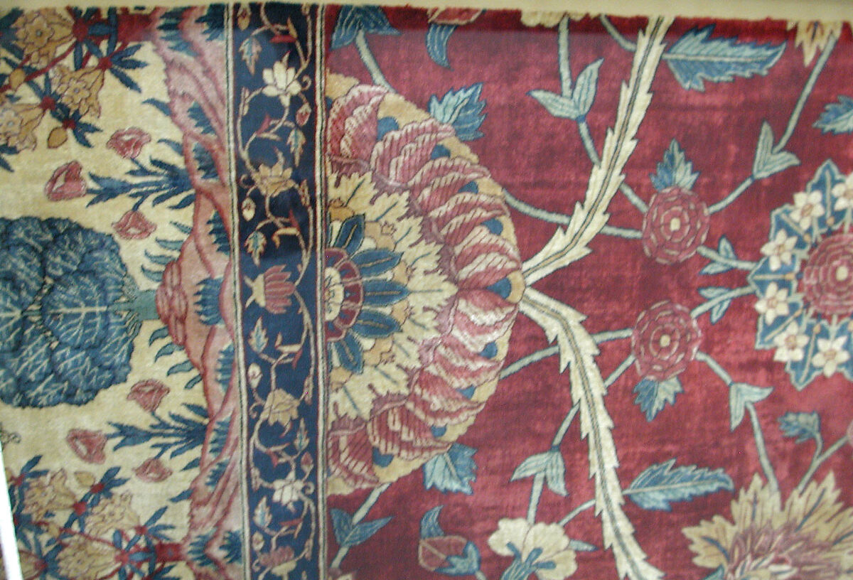 Fragments of a Carpet with Lattice and Blossom Pattern, Silk (warp and weft), pashmina wool (pile); asymmetrically knotted pile