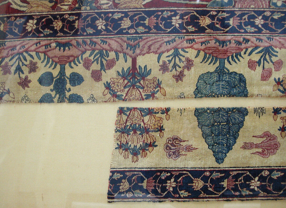 Fragments of a Carpet with Lattice and Blossom Pattern, Silk (warp and weft), pashmina wool (pile); asymmetrically knotted pile