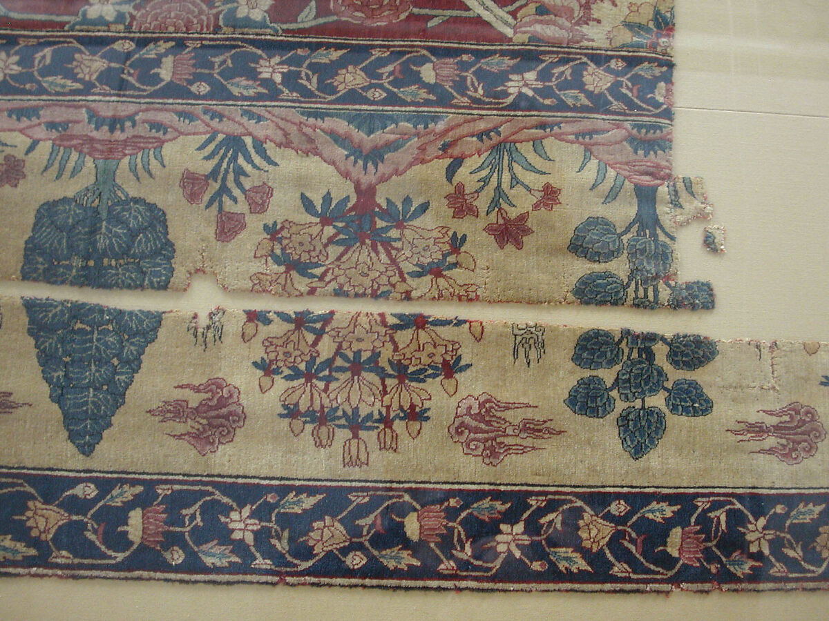 Fragments of a Carpet with Lattice and Blossom Pattern, Silk (warp and weft), pashmina wool (pile); asymmetrically knotted pile