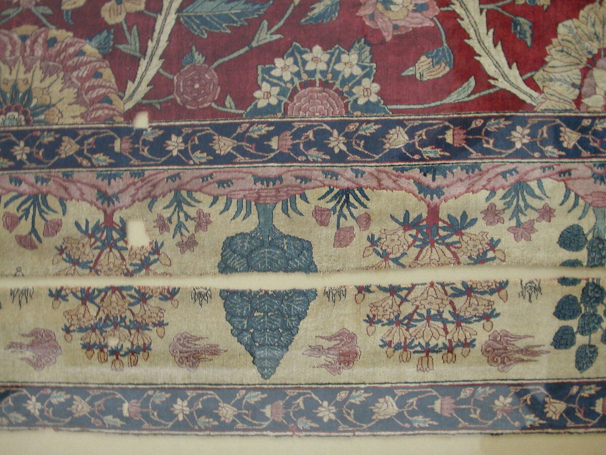Fragments of a Carpet with Lattice and Blossom Pattern, Silk (warp and weft), pashmina wool (pile); asymmetrically knotted pile