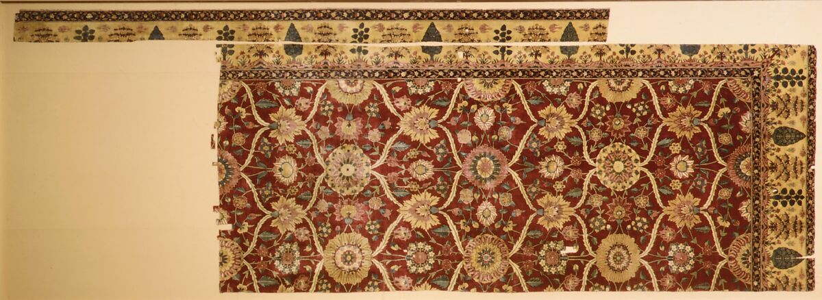 Fragments of a Carpet with Lattice and Blossom Pattern, Silk (warp and weft), pashmina wool (pile); asymmetrically knotted pile