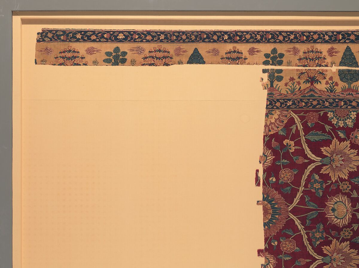 Fragments of a Carpet with Lattice and Blossom Pattern, Silk (warp and weft), pashmina wool (pile); asymmetrically knotted pile