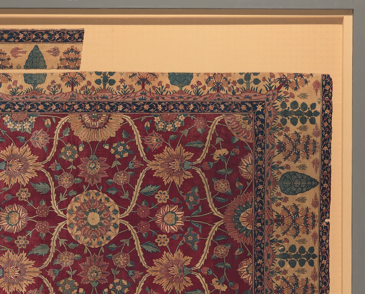 Fragments of a Carpet with Lattice and Blossom Pattern, Silk (warp and weft), pashmina wool (pile); asymmetrically knotted pile