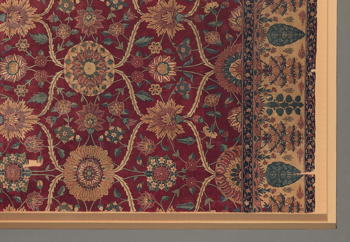 Fragments of a Carpet with Lattice and Blossom Pattern, Silk (warp and weft), pashmina wool (pile); asymmetrically knotted pile