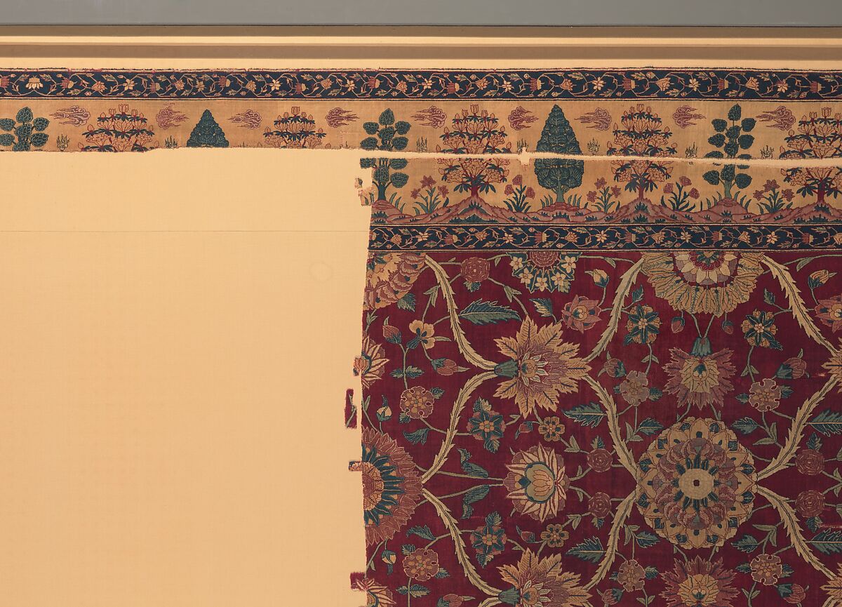 Fragments of a Carpet with Lattice and Blossom Pattern, Silk (warp and weft), pashmina wool (pile); asymmetrically knotted pile